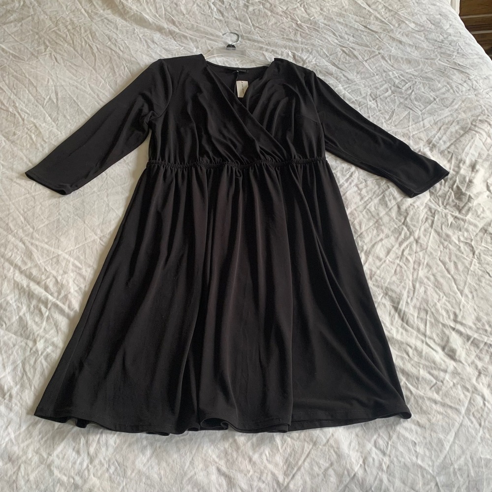 Lane Bryant 14/16 Faux Wrap Dress Black 3/4 Sleeve Empire Waist Jersey Knit New